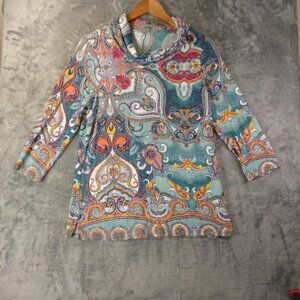 Chicos Women’s M Blue & Orange vibrant Paisley Artcore Cowl Neck Blouse